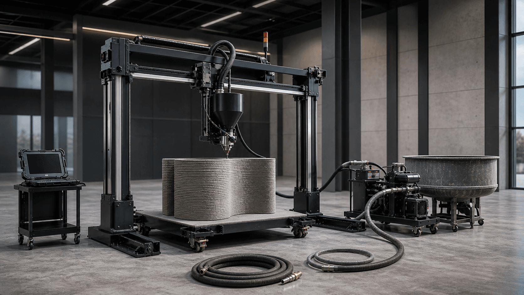 AutoAbode concrete 3D printer complete production setup with spare hoses, piston pump and pan mixer