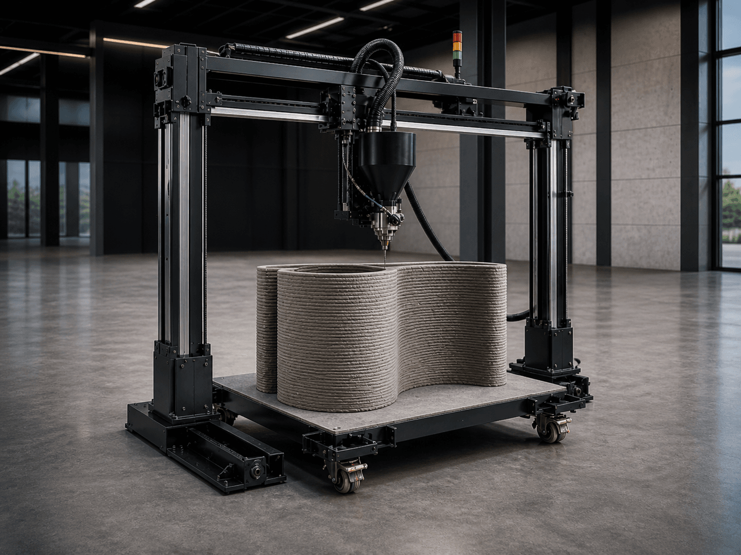 AutoAbode concrete 3D printer printing a curved organic-shape concrete structure on wheeled print bed