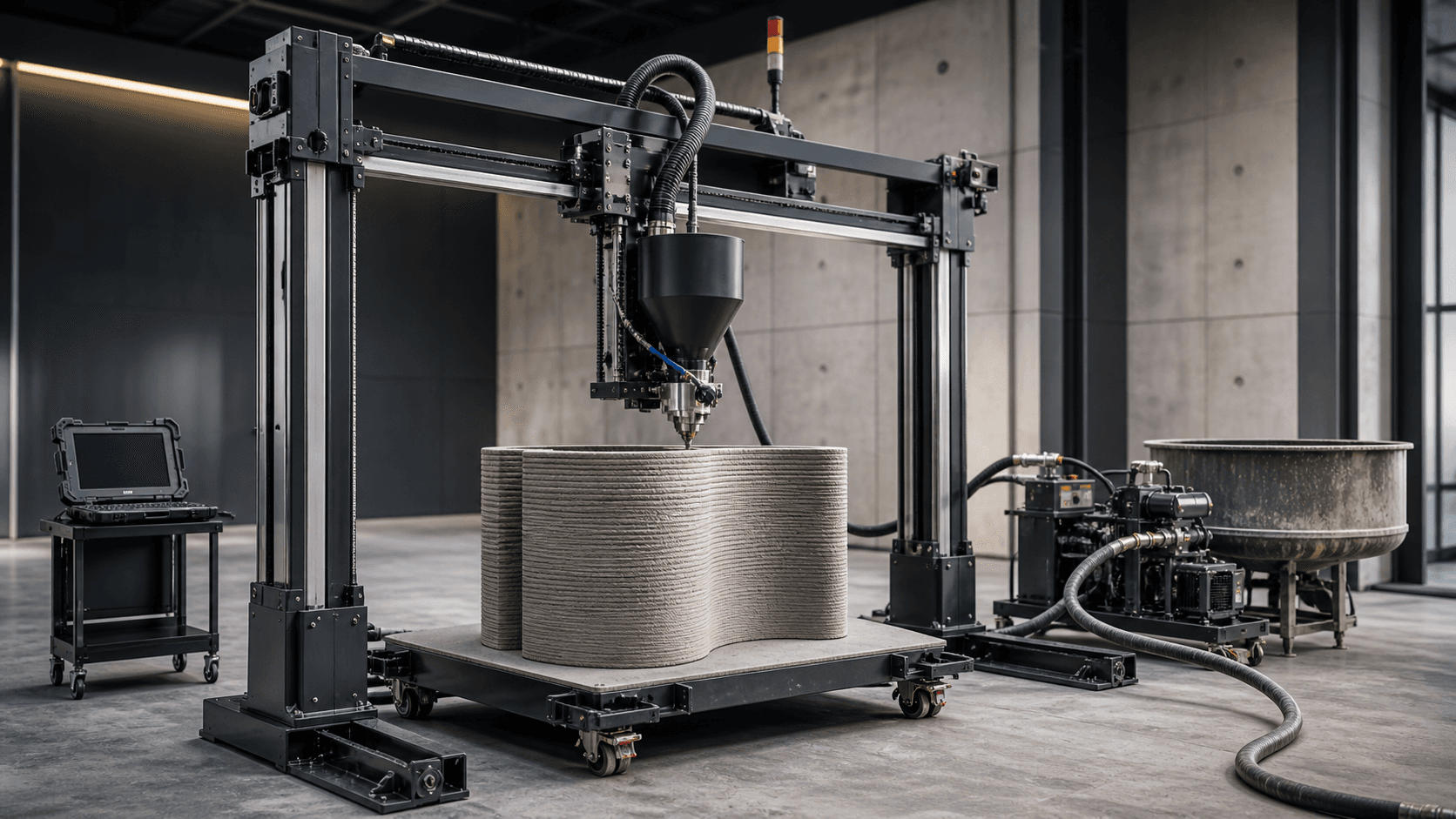 AutoAbode gantry 3D concrete printer full system with workstation, pump, pan mixer and printed specimen