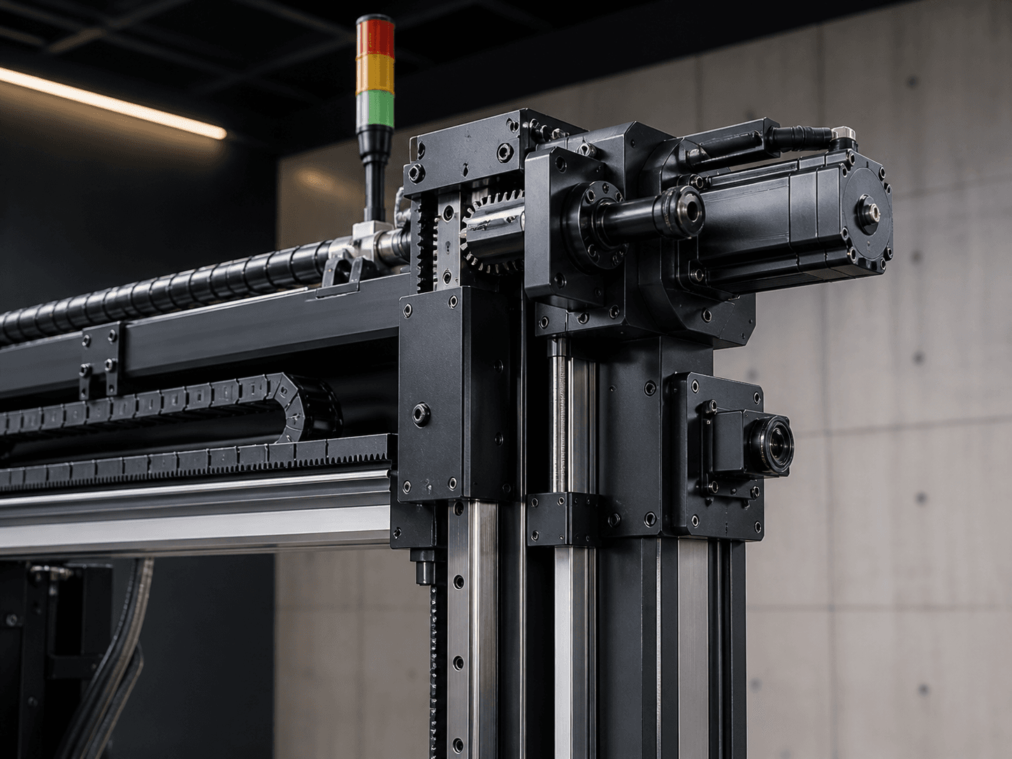 AutoAbode concrete printer rack-and-pinion gantry with servo motors, tower light and linear guides