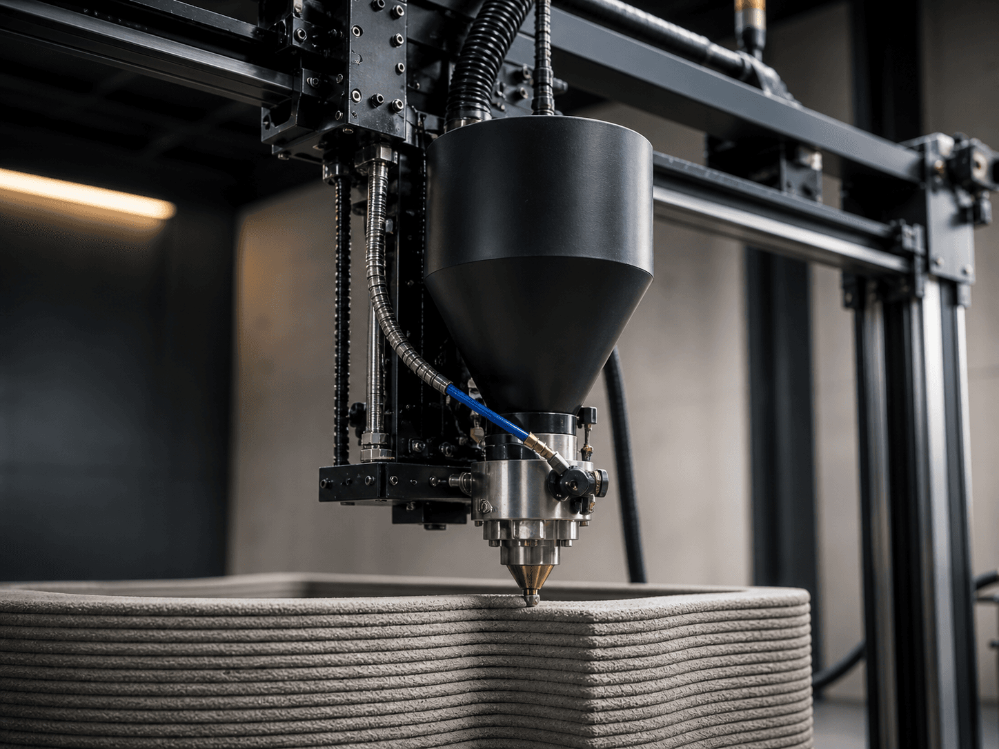 Close-up of AutoAbode concrete printer nozzle hopper and extrusion head printing layers