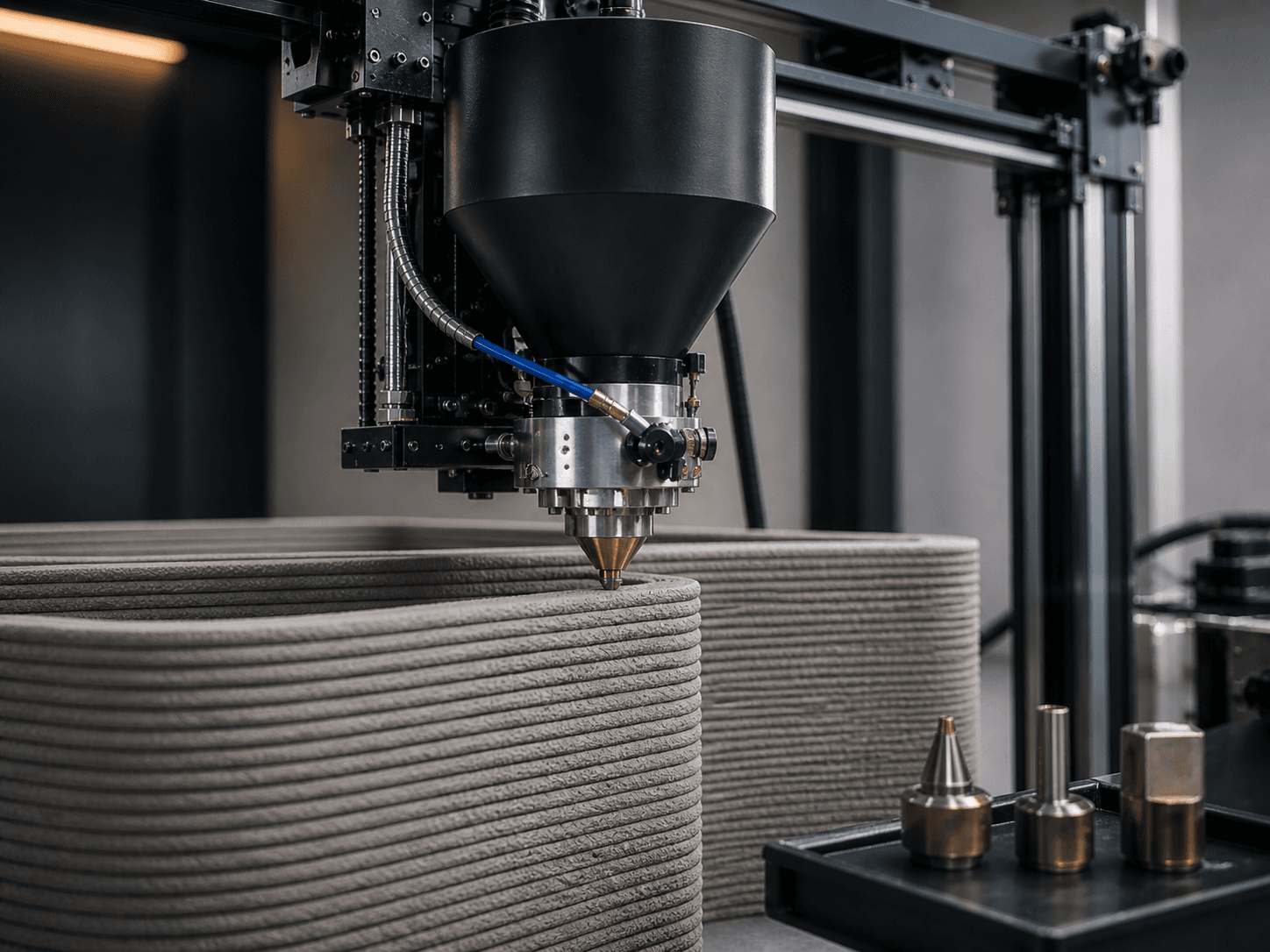 AutoAbode concrete printer nozzle close-up showing interchangeable brass nozzle tips and hopper