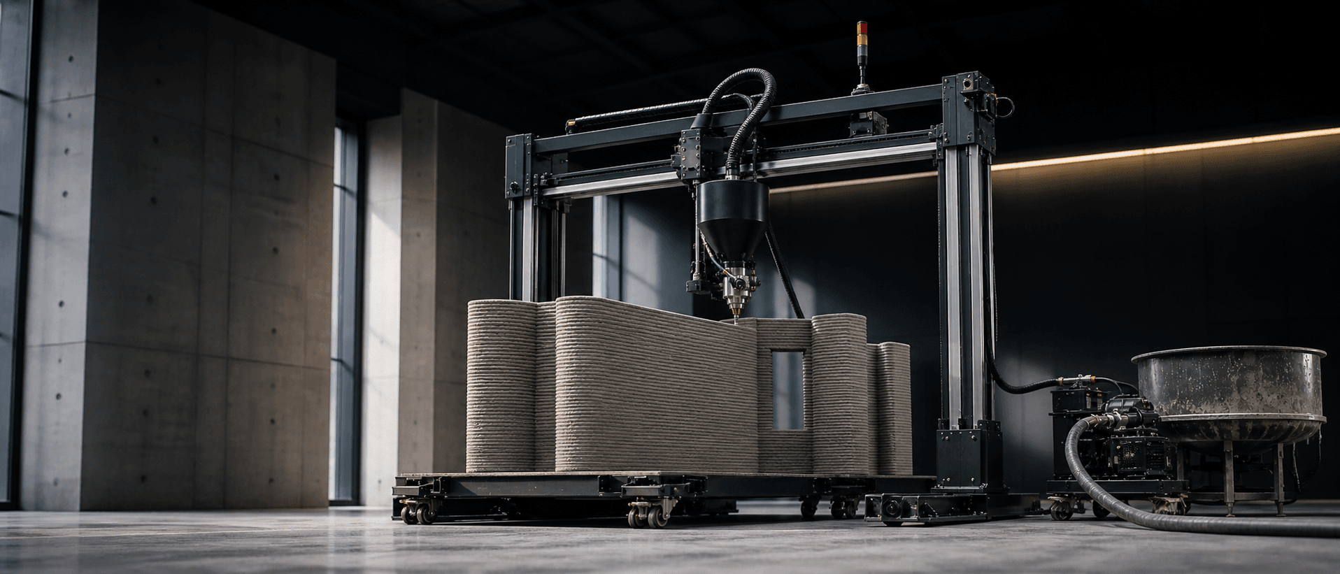 Wide-angle view of AutoAbode gantry concrete 3D printer in industrial facility printing a large specimen