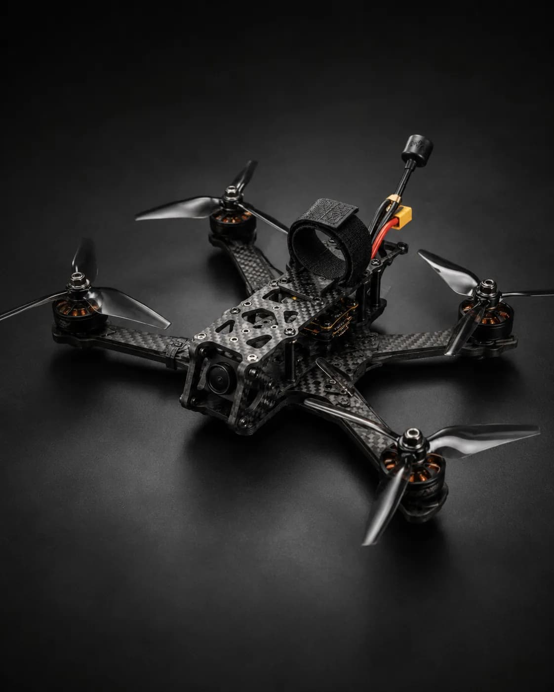 Carbon fibre composite airframe of 5-inch kamikaze drone showing construction detail