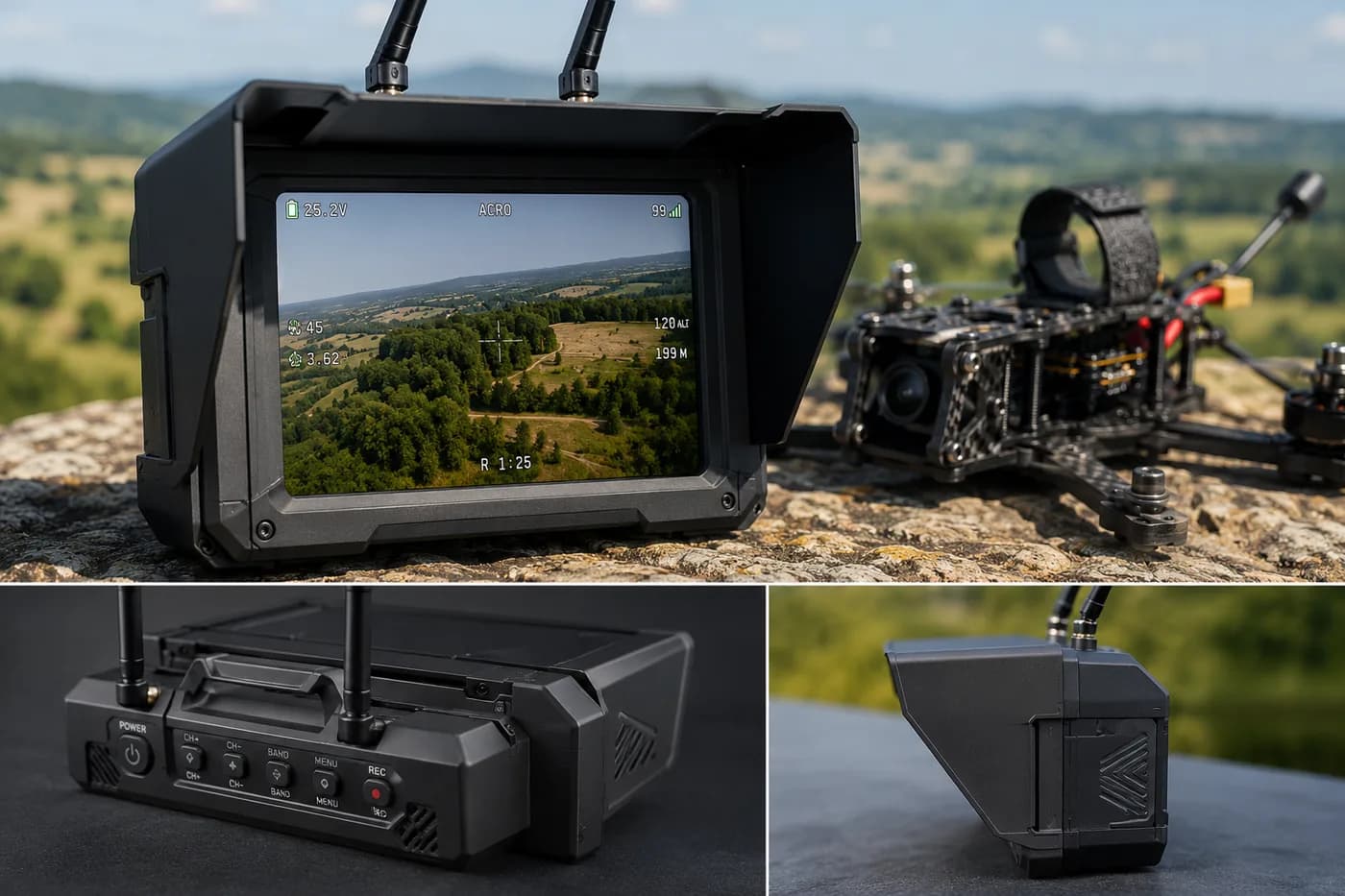 Rugged operator control unit for kamikaze drone with sun-readable display and OSD