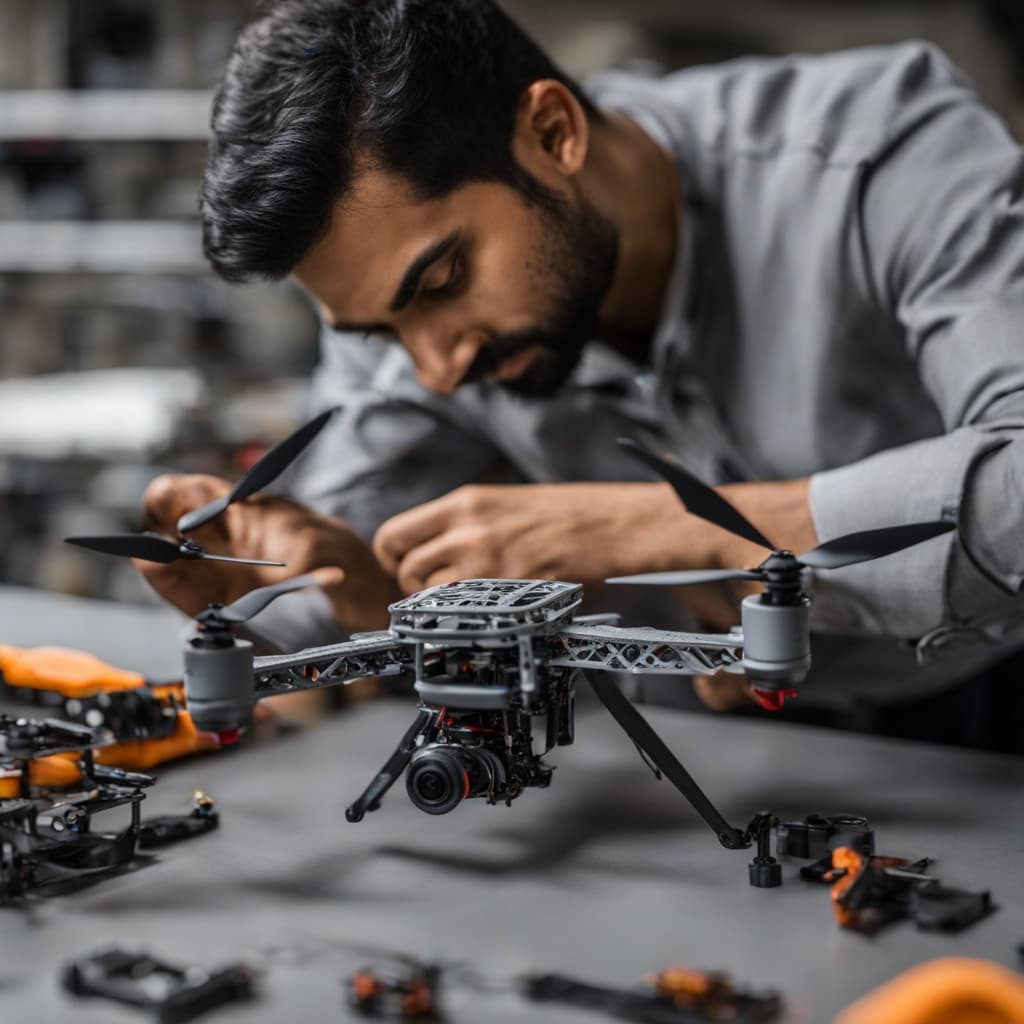 Indian engineer assembling quadcopter drone from 3D printed parts