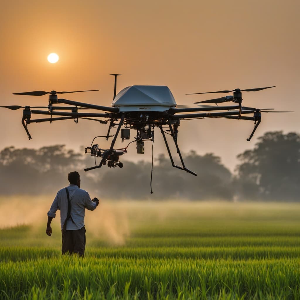 Heavy-lift drone spraying fertiliser over Indian paddy fields