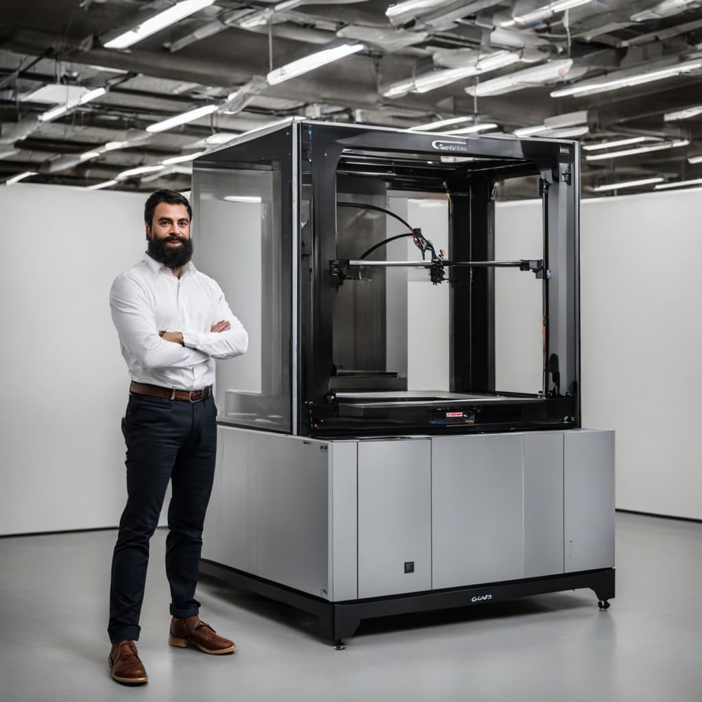 Engineer next to large 3D printer showing scale of build volume