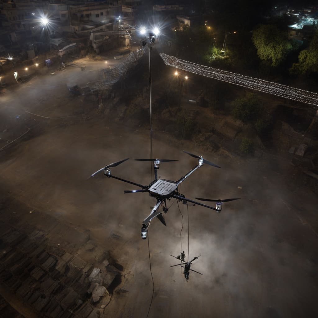 AutoAbode tethered surveillance drone hovering at night over Indian security perimeter