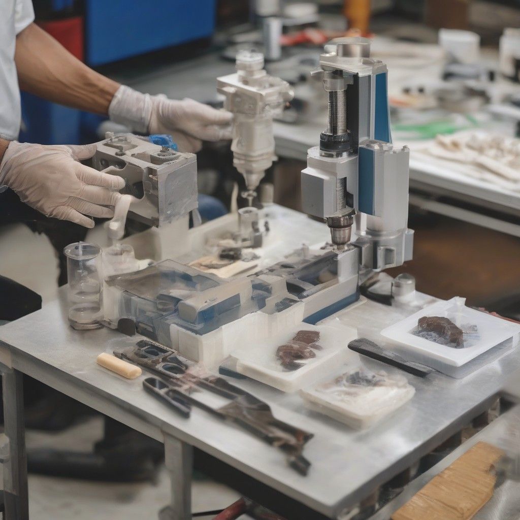 Technician installing a 3D printed mold into a benchtop injection machine.