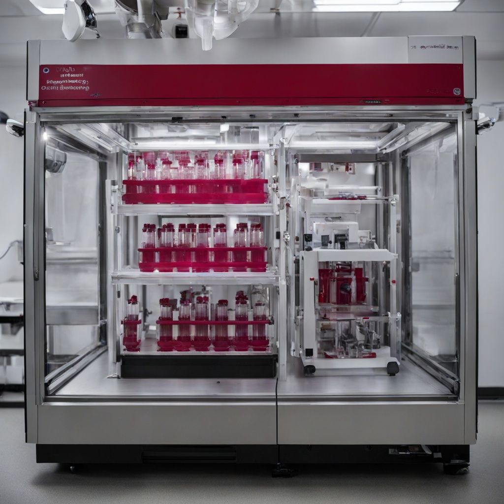 Close-up of sterile bioprinter printhead with dual bioink syringes inside a safety cabinet.
