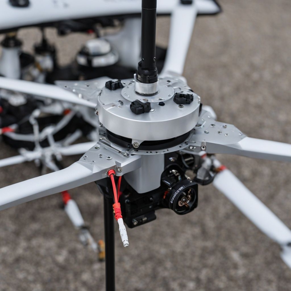 Close-up of the RTK antenna and wiring on an Autoabode BotBit drone fuselage.